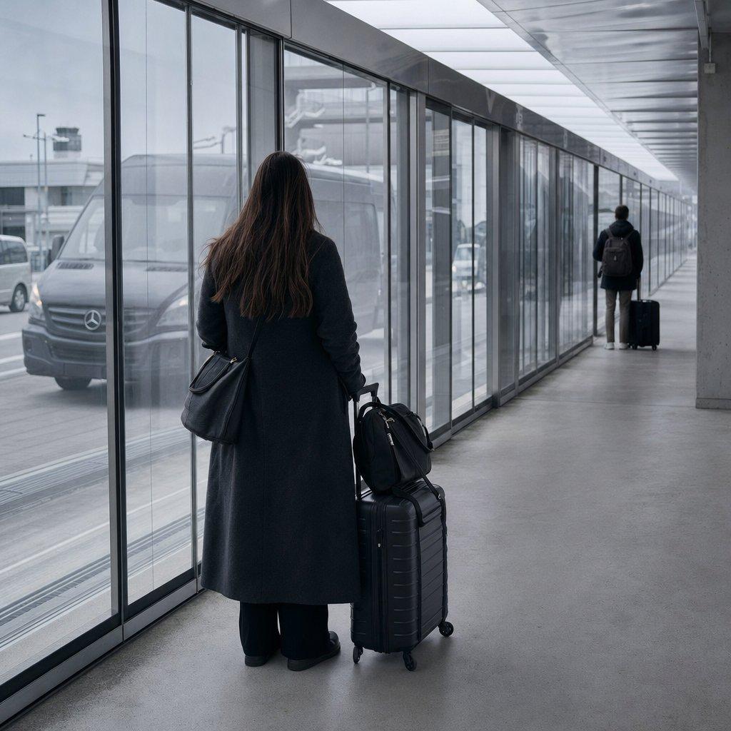 Voyageuse et ses valises dans une galerie vitrée d’aéroport, en correspondance entre Roissy et Orly