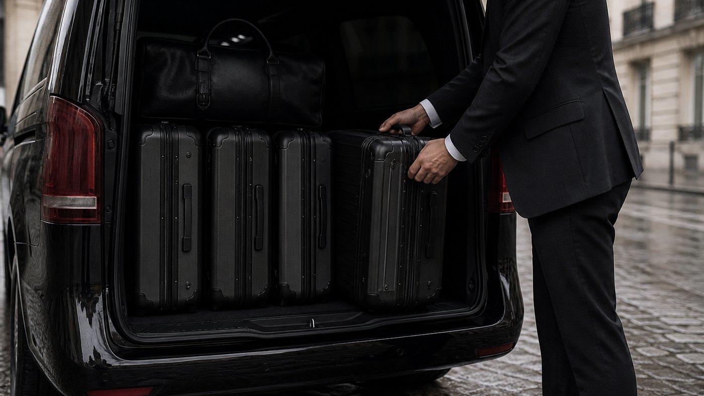 Quatre valises rigides et un sac de voyage chargés dans le coffre ouvert du van