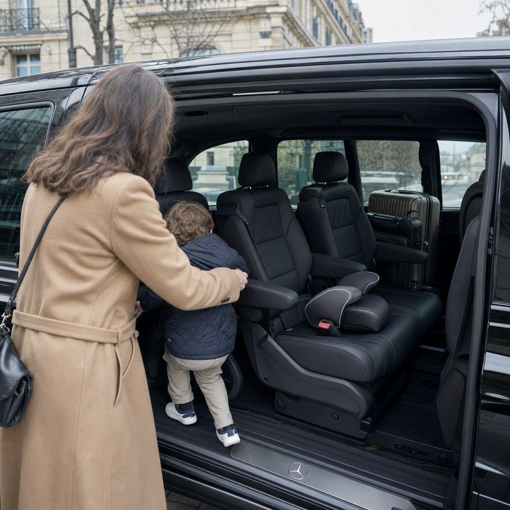 Intérieur d’un van 7 places avec chauffeur à Paris : sièges individuels, réhausseur installé et valises rangées dans la soute